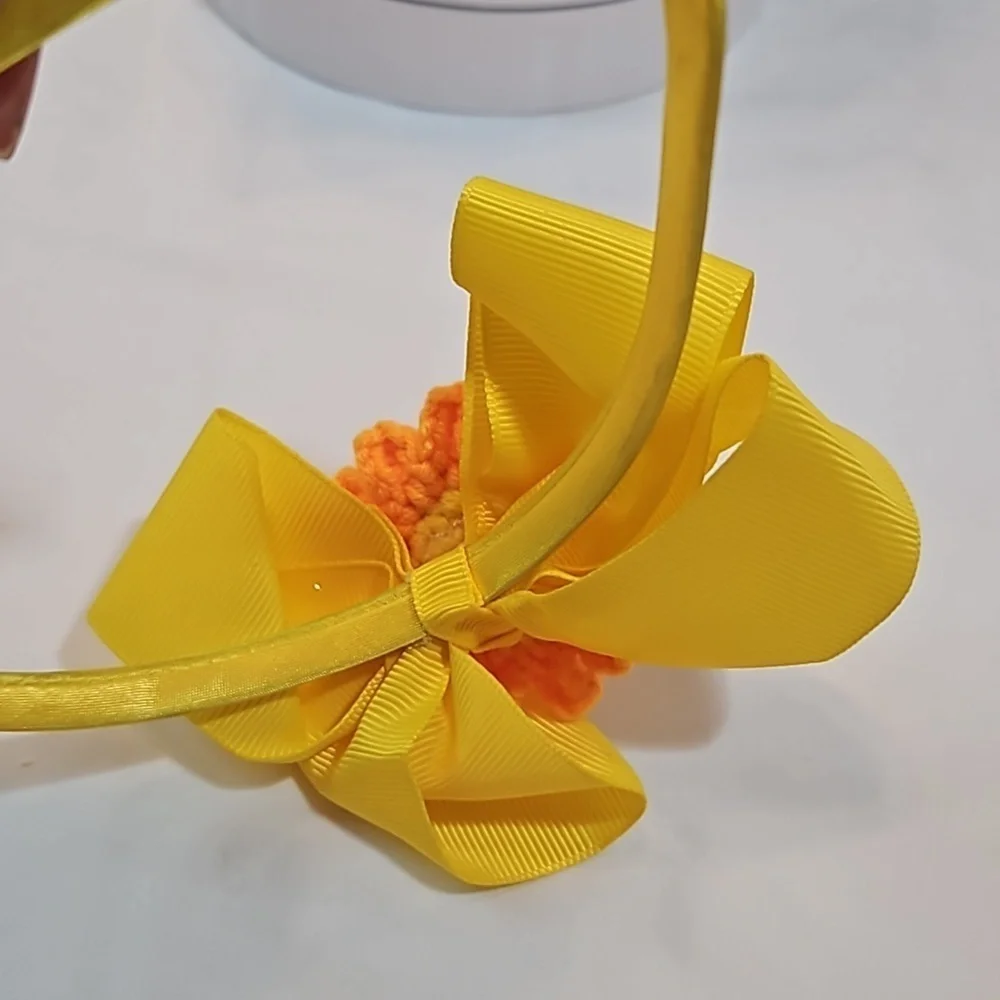 Hand Crafted yellow bow hairband hand crochet flower faux pearls beads floral